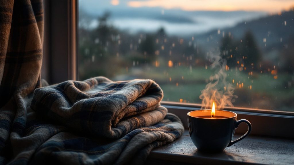 A soft tartan wool blanket, a lit candle and a steaming mug on a windowsill with rain outside