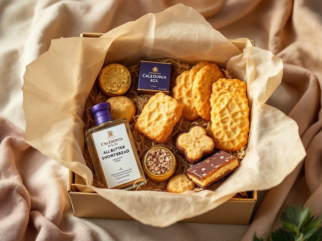 A Caledonia Box freshly opened, tissue paper folded back over shortbread and wrapped treats