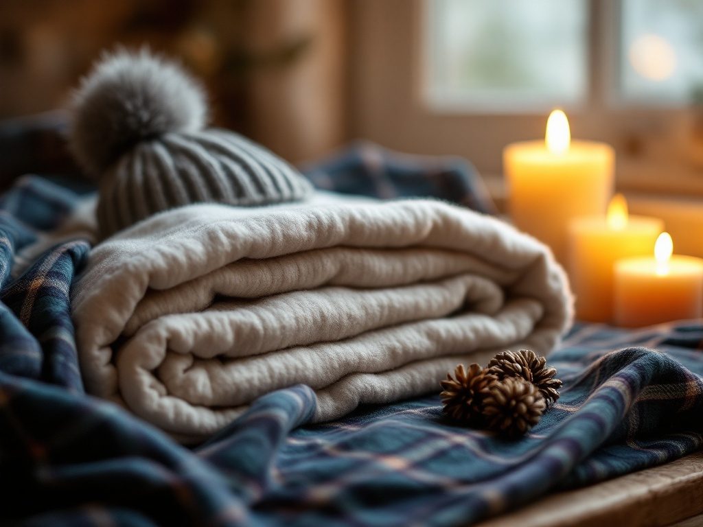 Soft folded Scottish lambswool blanket and knitted goods in warm tones