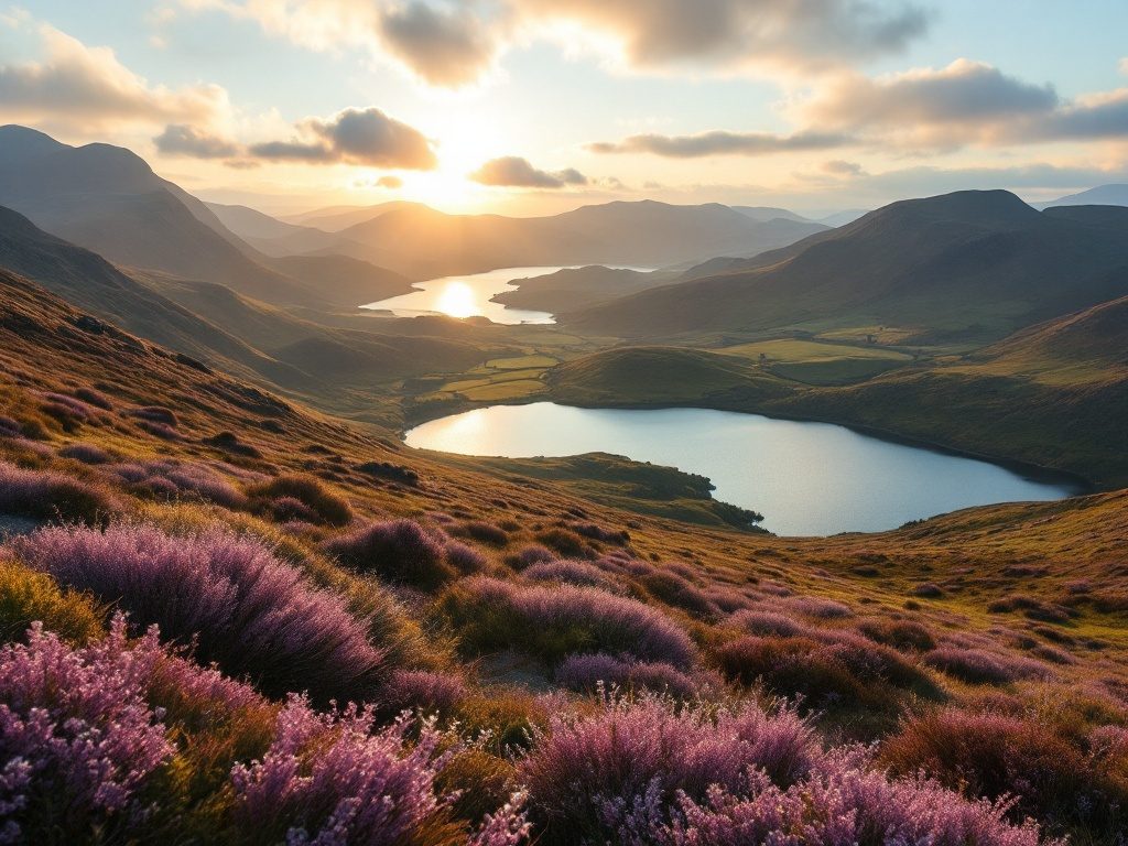 Sweeping Scottish Highland landscape of glens and lochs at golden hour