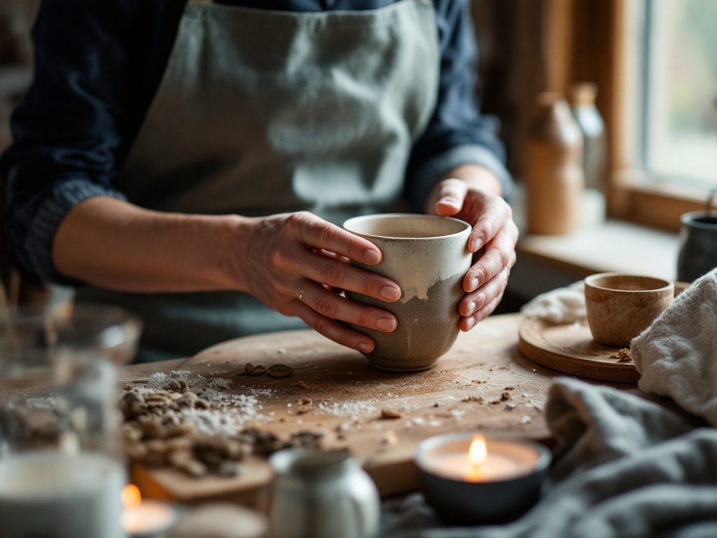 A Scottish maker at work in their studio, hands crafting an artisan product