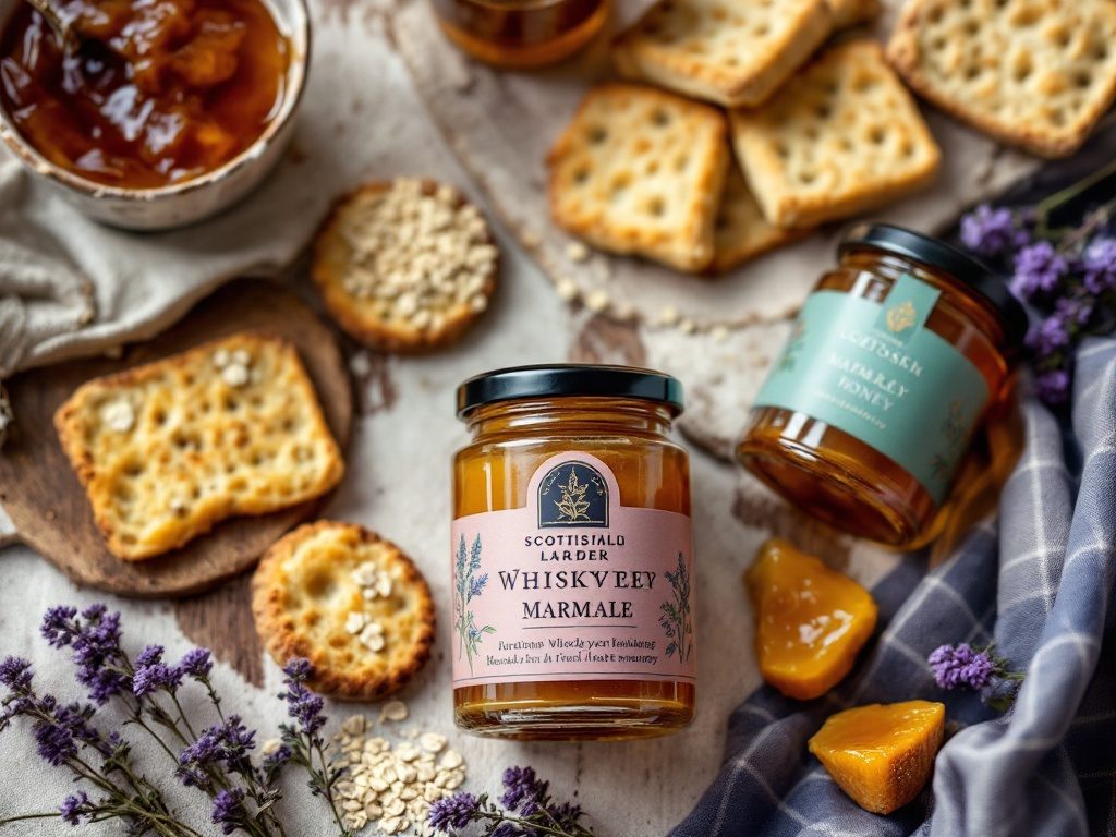Close-up of artisan Scottish products — whisky marmalade, oatcakes and preserves
