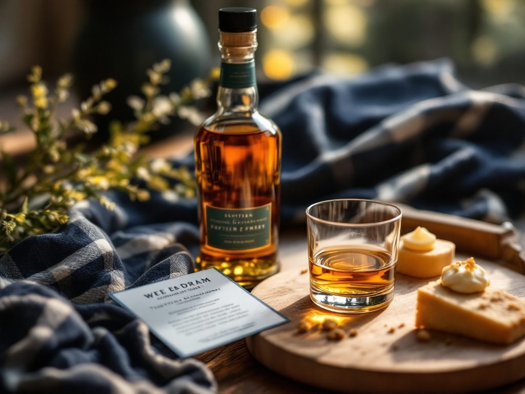 A wee dram of whisky beside tasting notes on a wooden board
